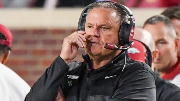 Razorbacks coach Sam Pittman on sidelines at Ole Miss last Saturday night
